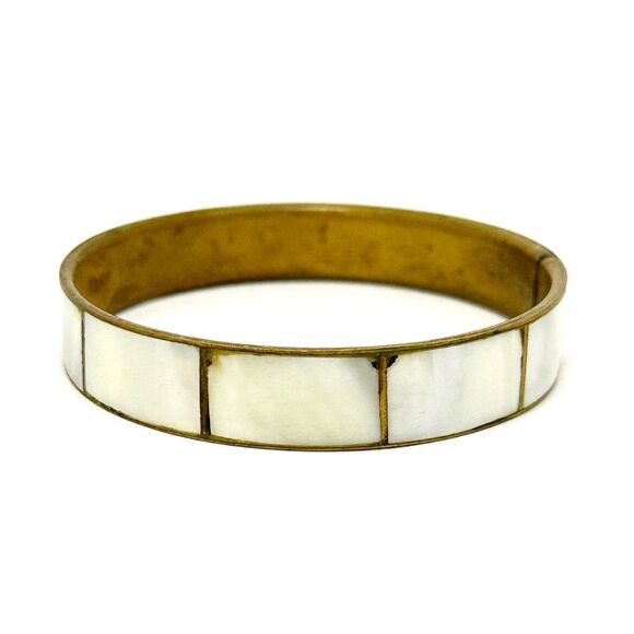 Vintage Boho Bangle Mother of Pearl Inlay on Brass Medium Width - Picture 3 of 3
